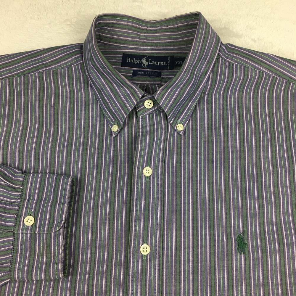 Ralph‎ Lauren Mens XXL Purple Green White Stripe Dress Shirt Long Sleeve